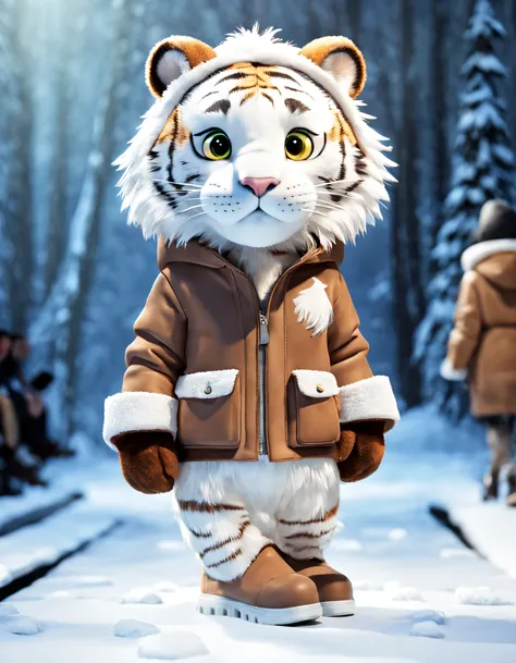 character  design，（a little white tiger walks the catwalk at fashion week）, wearing a brown hooded hiking jacket，the expression ...