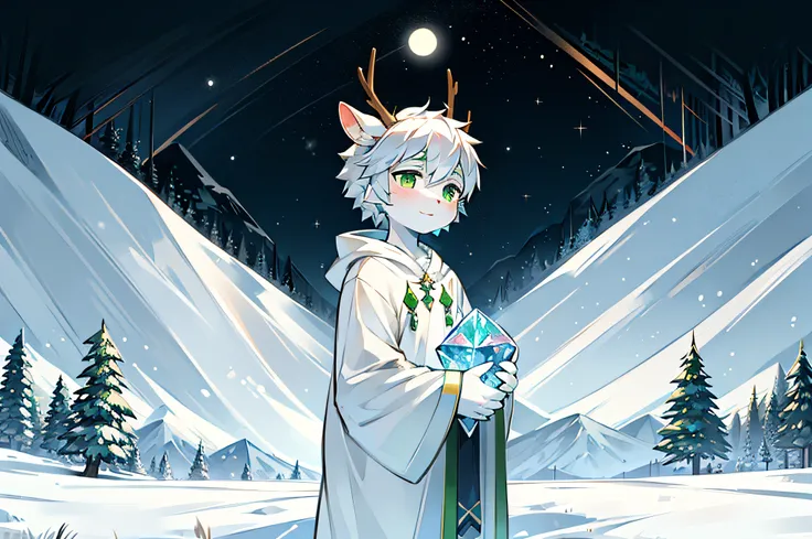 A white deer，White robe with green pattern，deer antlers，Green-eyed，playing in the snow，Snow-covered mountains，Have fun in the snow，stooped，white color hair，natta，Huge Full Moon，starrysky，beautful view，shota，lovely boy，vivaciousness，Crystal pupils，holding a...