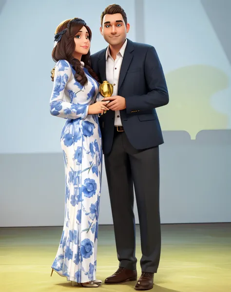 Couple holding a golden cup on a stage with a projection screen as a background