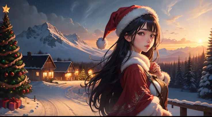 ((best quality)), ((masterpiece)), (detailed), Christmas, Landscape, one girl, long hair, black hair, 4k resoluton, pixiv art, anime, 2D