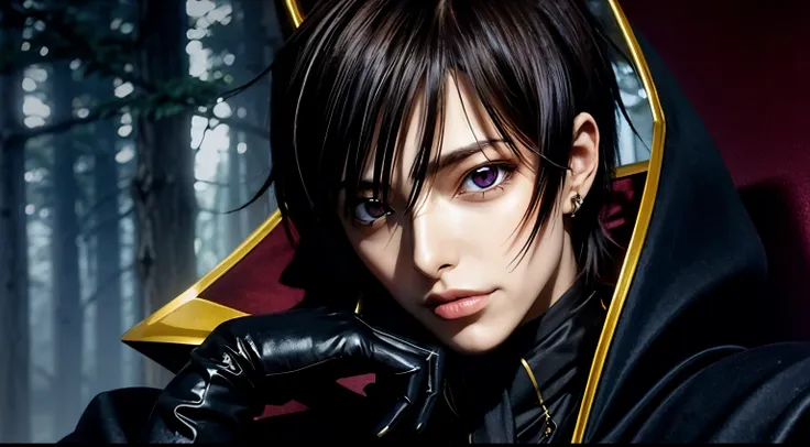 cosmieyes, in a dark forest with trees in the background sitting on a red couch,purple light shining, black and yellow outfit,black cape,cape, chain-link_fence, coat,gloves, lelouch_lamperouge,jewelry,gem, black_hair,purple_eyes,earrings,short hair, purple...