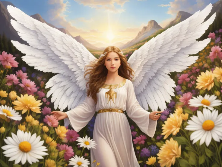 arafed angel in a field of flowers with a mountain in the background, beautiful angel, of beautiful angel, beautiful female angel, biblically acurate angel, of an beautiful angel girl, angelical, full - body majestic angel, an angel of the dawn light, big ...