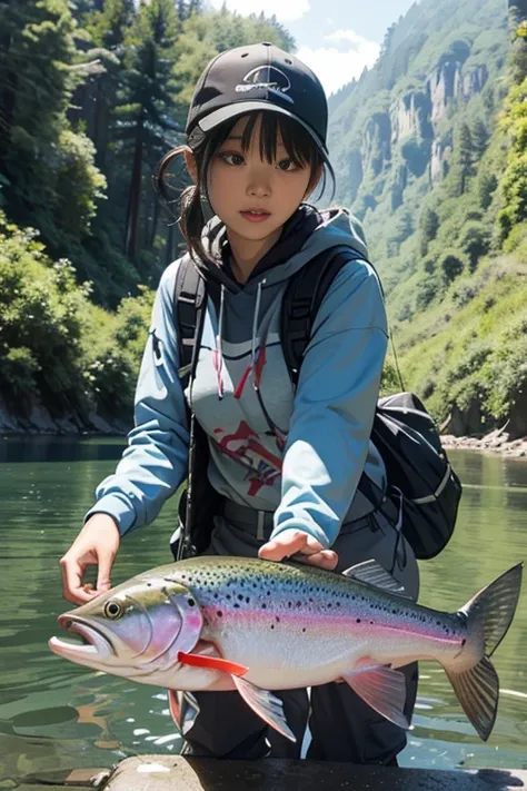 Rainbow trout,trout、Lure Rod、girl with、Fishing、a river