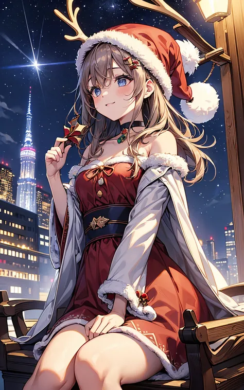 ((Composition looking up from below))、a shooting star falls、Falling snow、A lot of light falls on the city、Top image quality、Top resolution、​masterpiece、(((One lady)))、(((８cap)))、(((Fly through the night sky on a reindeer sleigh)))、
((Modern city))、((Christ...