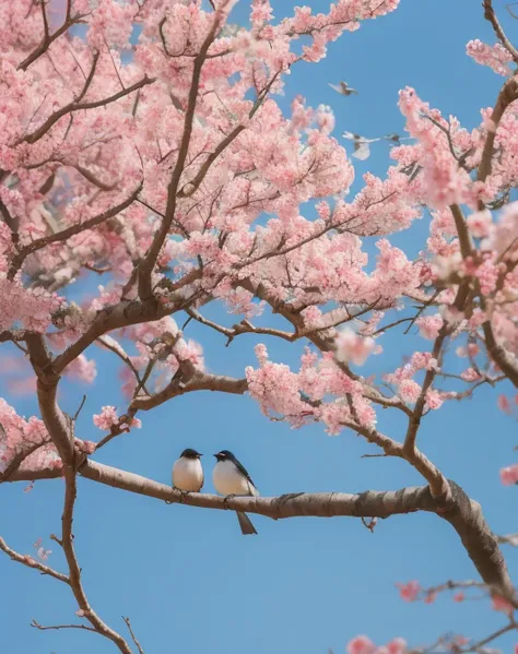 Birds love under the peach blossom tree