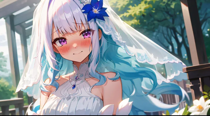 One girl with long wavy hair, bangs, white hair, blue inner hair, purple eyes, looking at viewer, blushing, embarrassed, little smile, tears, wedding venue, outdoor, flower, wedding dress, bridal veil, upper body, day atmosphere, hair ornament