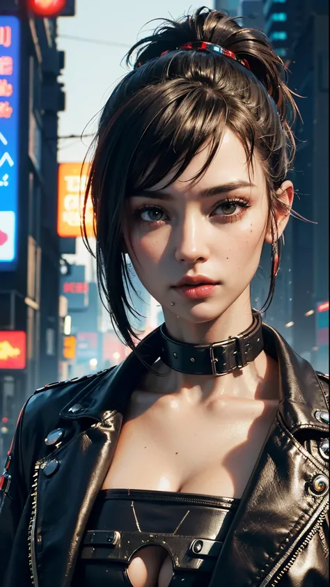 ((Best quality)), ((masterpiece)), (highly detailed:1.3), 3D, beautiful (cyberpunk:1.3), stylish woman looking at camera black leather clothes