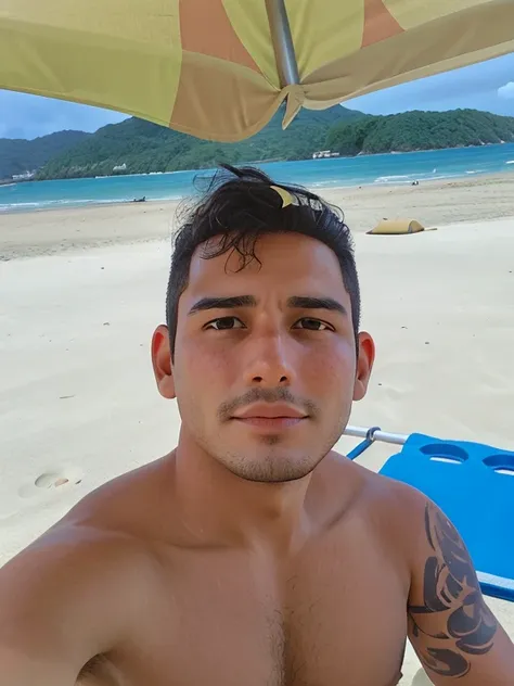 there is a man sitting under an umbrella on the beach, homem de 30 anos, homens de 30 anos, caio santos, em uma praia tropical, ...