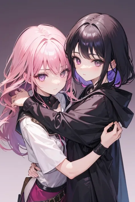 A black haired woman with brown eyes is hugging a pink haired woman with violet eyes