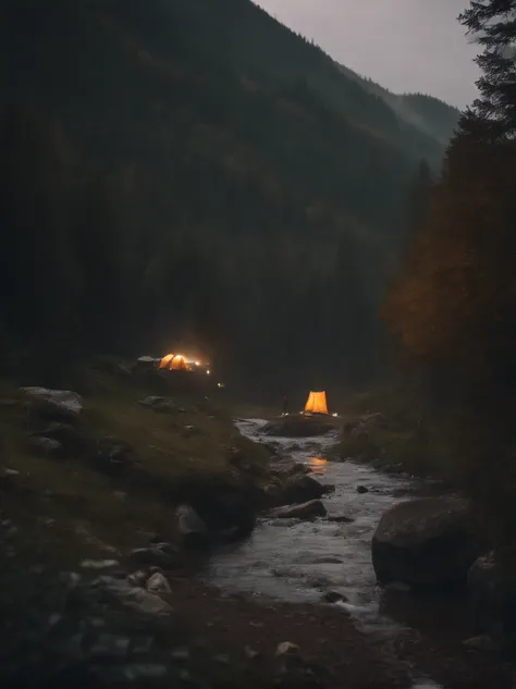 (8k, RAW photos, highest quality, masterpiece: 1.7), (Realistic, Photorealistic: 1.25), Camping in places with rivers and mountains on rainy days