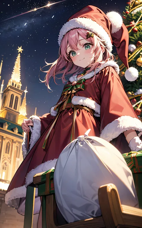 ((Composition looking up from below))、a shooting star falls、Falling snow、A lot of light falls on the city、Top image quality、Top resolution、​masterpiece、(((One lady)))、(((８cap)))、(((Santa rides home in a reindeer sleigh)))、
((Modern city))、((Christmas downt...