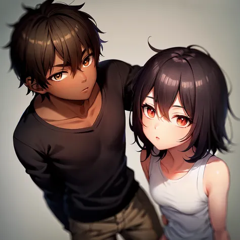 (anime),Dark-skinned boy, black shirt, (brown eyes),(Dark skin color), red shorts for dark tone, black gloves, (portrait),(1Full body image)