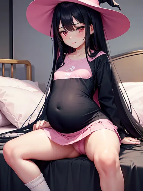 The woman had long black hair down to her waist, wore a cute pink hat, wore pink casual clothes and wore a fairly small skirt with white socks covering her legs up to her thighs. in a pregnant position wearing a witchs dress in bed in a position that has j...