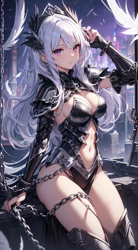 top-quality、Top image quality、​masterpiece、girl with((Silver and black mechanical body armor、silver mechanical arm、silver leg arms、Shining red body line、sixteen years old、teen ager、cute little、Best Bust、big bast,Beautiful shining purple eyes、Breasts wide o...