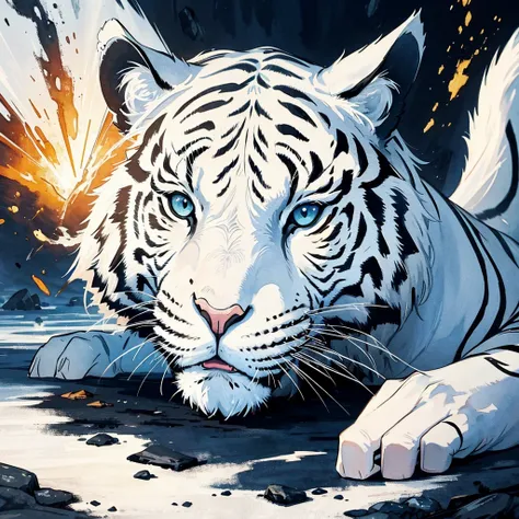 Best Picture Quality，8K，ink and watercolor painting，A white tiger，tosen，Epic composition