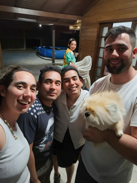 there are four people together holding a dog in their arms, with tiny people, Fotografia tirada em 2 0 2 0, com muitos viajantes, com um papagaio grande, Postagem no Reddit, Malika Favre, todo mundo se divertindo, segurando um pug para uma foto, with magic...