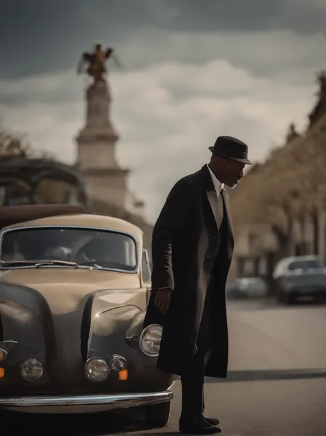 French black man, 56 years old, researcher, wearing a long black jacket, a beige cap, classic car, 4k, full body and in action pose.