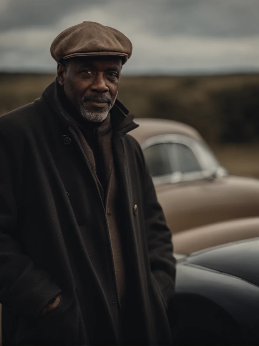 French black man, 56 years old, researcher, wearing a long black jacket, a beige cap, classic car, 4k, full body and in action pose.