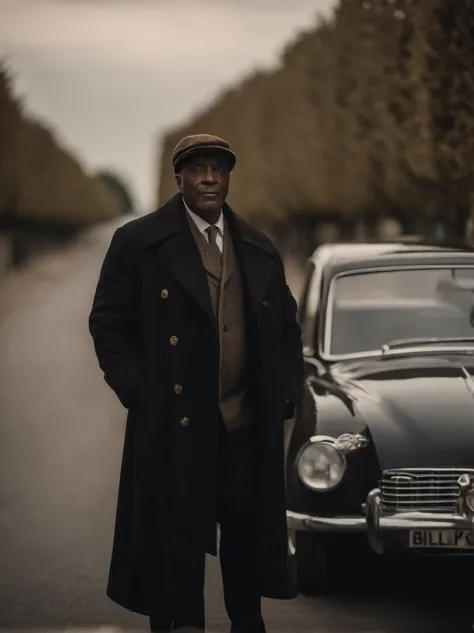 French black man, 56 years old, researcher, wearing a long black jacket, a beige cap, classic car, 4k, full body and in action pose.