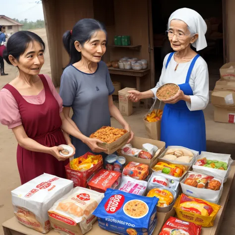 People distributing food stuffs to other which include many elders