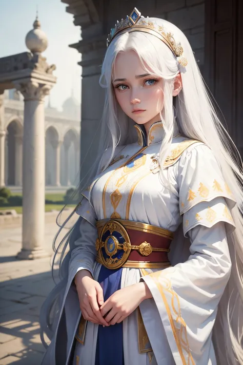 In the background is Palace, a beautiful girl name is Lisa, 18 year old with blue eyes, long white hair, wearing a white tunic is sad, As emperor, Face in agreement