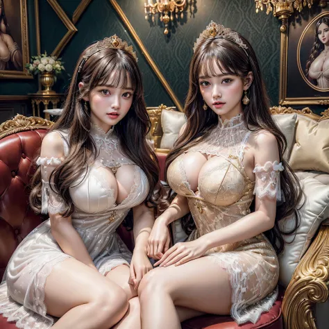 (2girls:1.5), Princess, Long hair, Passionate, (extremely detailed beautiful face), (Beautiful girl in princess dress:1.5), (Lace dress:1.4), Amazing face and eyes, (The sexiest look), (Best Quality:1.4), (hyper quality), (Ultra-detailed), (extremely detai...