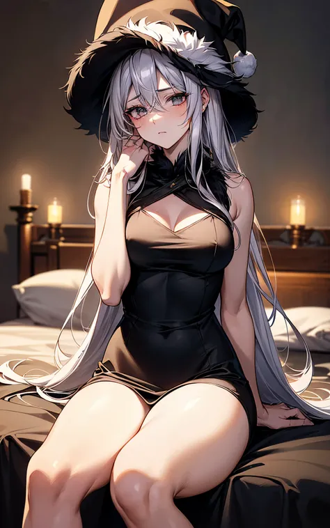 The theme is black、Anime style、Top image quality、hight resolution、​masterpiece、6headed body、(One lady)、(((Wearing black clothes、The chest is open、thighs thighs thighs thighs、sleeveless、Breasts are big)))、(black color santa、)、(((White fur)))、(big black sant...