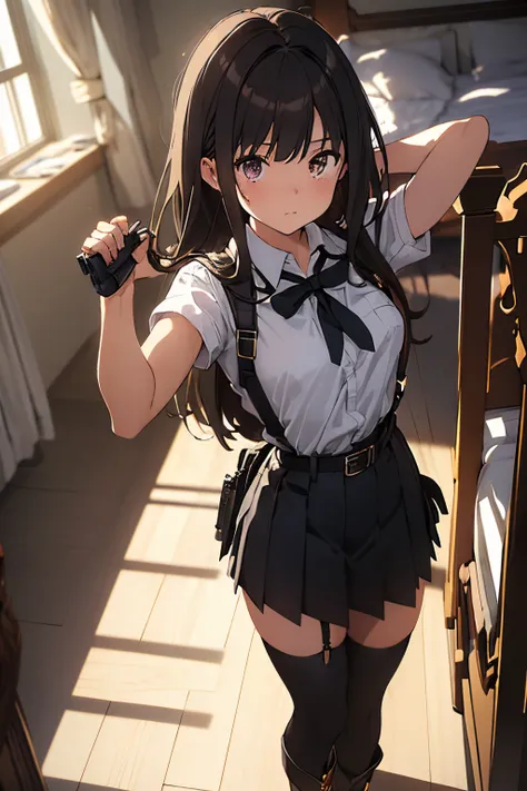 ​masterpiece、flat-colors、depth of fields、lens flare 1 girl、、Brown hair、watching at viewers　　　black suspenders　　　Bulging big breasts　　 　 　　　walls: 　Black miniskirt　garters　　　　　　Gaze　　　Small face　bangss 　　　holster　　Belt Armament　Beautuful Women　srestrained　h...