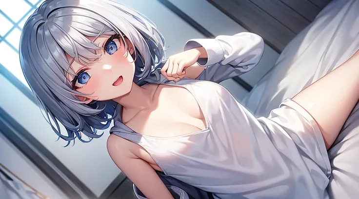 mid-shot, Look at viewers, hands behind back, girl with, 20 years old, Very short hair, long bangs between eyes, hair over shoulder, Grey Hair, Floating hair, ^ ^, pale blue eyes, Short dress, Hoodie, Skirt, Bare shoulder, White clothes, , Extremely detail...