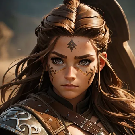 Female warrior, viking, portrait photo, dynamic, cinematic, beautiful woman, brown-haired, brown eyes, viking hairstyle, face war paint