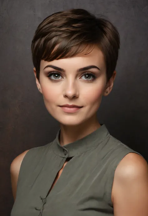 facial portrait, Mary Magdeline, pixie-cut brown hair, full color, dark, stained gradated wall in the back ground, professional quality studio photograph,