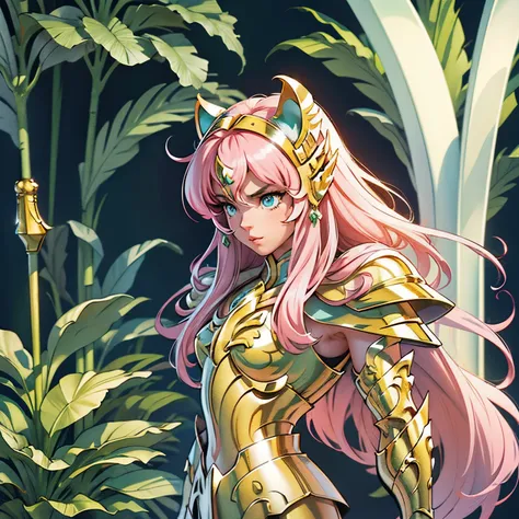 A woman wearing a white kitty armor,, Saint Seiya, cute Armor, , kitty  helmet, High details armor, Pink hair, long hair, greens eyes, Charismatic character, Avatar de seconde vie, high quality, 4k, 8k,16k, 720k