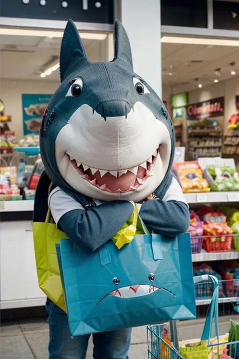 Generate an image of a cute shark holding a shopping bag. Ensure that the shark is smiling and that the shopping bag has a friendly appearance. The scene should have a cheerful and colorful background.