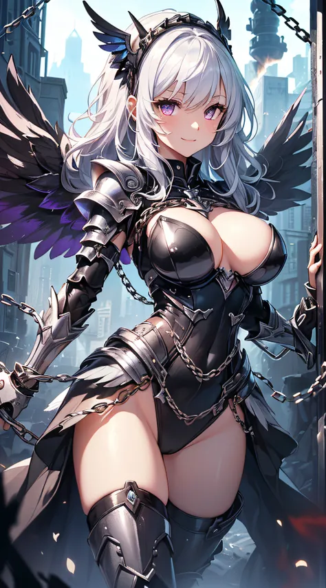 top-quality、Top image quality、​masterpiece、girl with((Silver and black mechanical body armor、silver mechanical arm、silver leg arms、Shining red body line、sixteen years old、teen ager、cute little、Best Bust、big bast,Beautiful shining purple eyes、Breasts wide o...