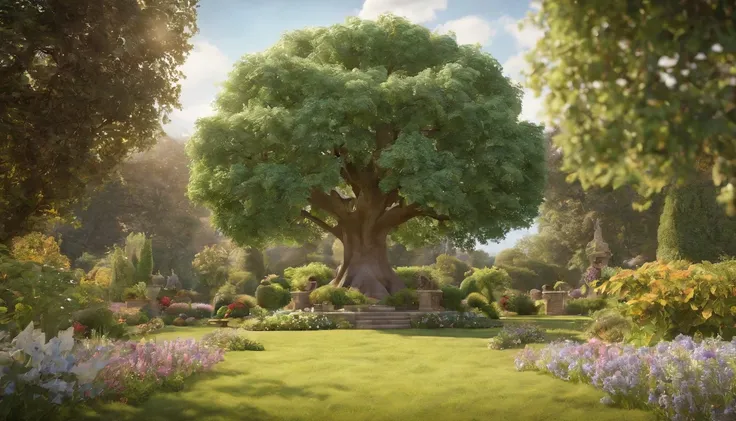 a pixa Disney cartoon cover of biblical times; the tree of life in the middle of a very beautiful garden, 3D, animation film, animated film still, rendered in corona, epic illumination.