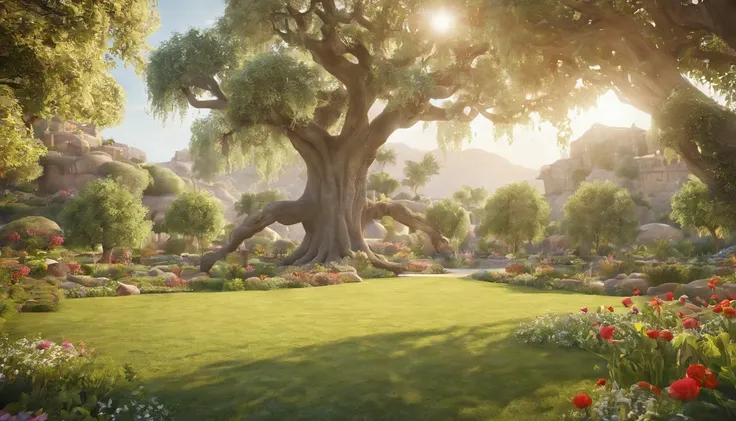 a pixa Disney cartoon cover of biblical times; the tree of life in the middle of a very beautiful garden, with very beautiful fruits, no roads just a tree in the middle, 3D, animation film, animated film still, rendered in corona, epic illumination.