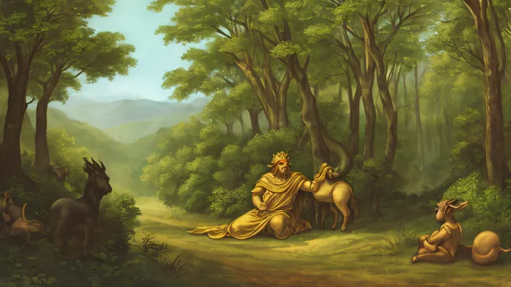 King Midas encountering the old and lonely satyr, Silenus, in the forest.