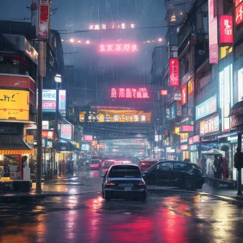 Create images of a car drifting on the streets of Japan in rainy weather