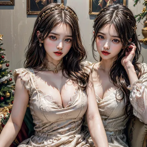 (2girls:1.5), Princess, Long hair, Passionate, (extremely detailed beautiful face), (Beautiful girl in princess dress:1.5), (Lace dress:1.4), Amazing face and eyes, (The sexiest look), (Best Quality:1.4), (hyper quality), (Ultra-detailed), (extremely detai...