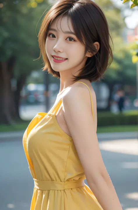 ((top-quality, masutepiece, Extremely realistic)), 1girl in, Woman in yellow dress, light brown hair, Short bob hair, A smile, in 8K, 85 mm, Raw photo, Bokeh background, Standing in the park, Portrait, body facing forward, Front view