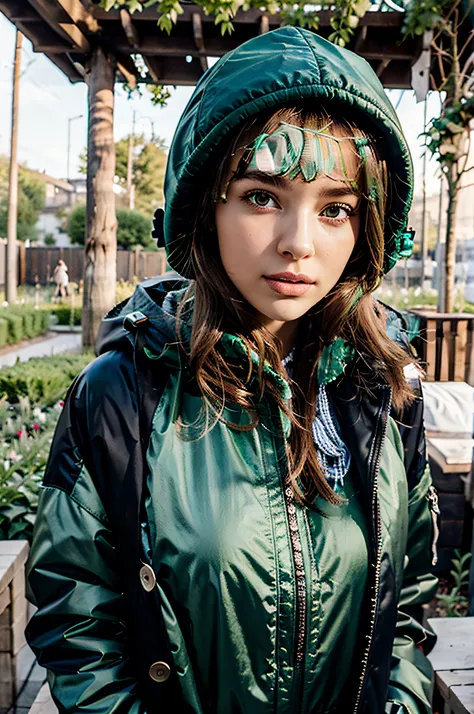 woman in the garden , the winter padded jacket  covers all body, hat on the head , long coat pickle green , dark green buttons near the zip , aux yeux bleus, Portrait Sophie Mudd, Portrait de Corinna Kopf, cheveux blonds et grands yeux, selfie of a young w...