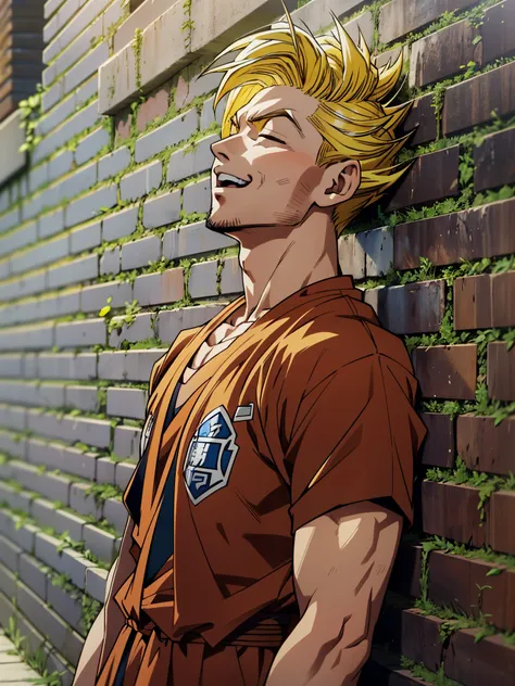 arafed man leaning against a brick wall with his eyes closed,super saiyan,(blond hair:1.5), ((yellow hair:1.5)),super saiyan goku, super sayan, super sayian goku, super saiyan 3, going super saiyan, dragon ball concept art, dragon ball artstyle, 4 k manga ...