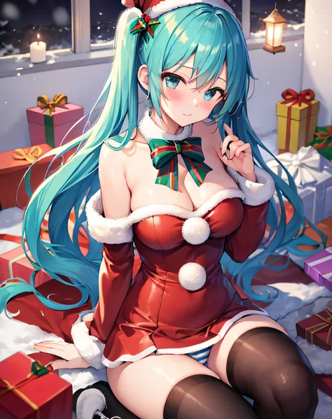 ​masterpiece、Top image quality、超A high resolution、miku hatsune、blue hairs、Twin-tailed、Blushing、is in estrus、santa costume、Santa Costume Mini Skirt、Wearing a Santa Hat、firm breasts、well-shaped breasts、over-the-knee socks、Striped panties、gift box、Night、Snow