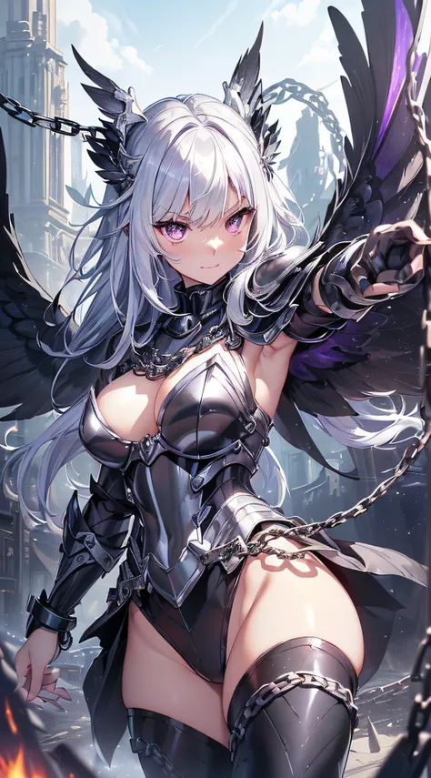 top-quality、Top image quality、​masterpiece、girl with((Silver and black mechanical body armor、silver mechanical arm、silver leg arms、Shining red body line、sixteen years old、teen ager、cute little、Best Bust、big bast,Beautiful shining purple eyes、Breasts wide o...