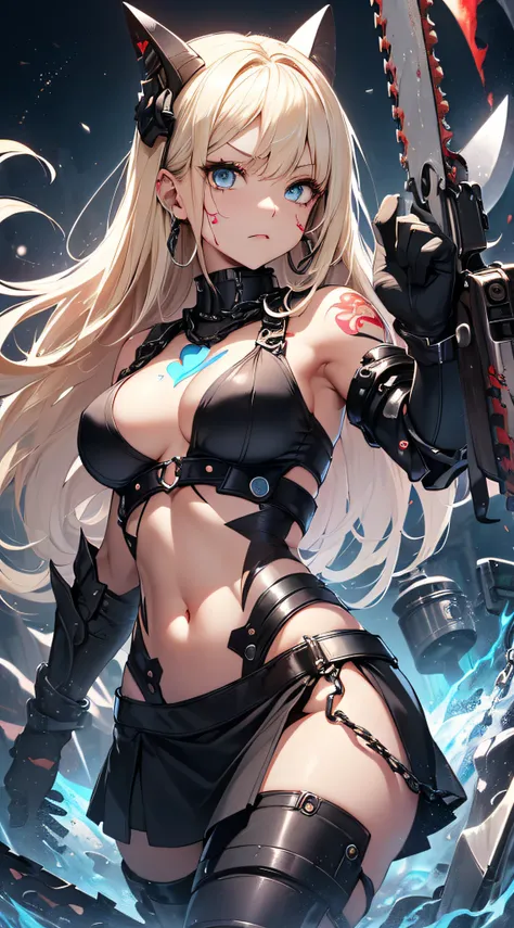 top-quality、Top image quality、​masterpiece、girl with((Black Mechanical Armor、sixteen years old、teen ager、cute little、Best Bust、big bast,Beautiful light blue eyes、Breasts wide open, a blond、A slender,Large valleys、belligerent movements,Warlike face、Navel Ta...