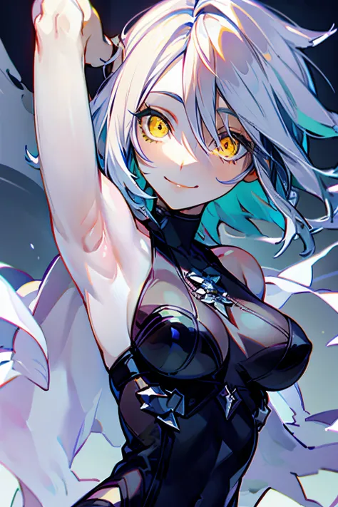 perverted man possessing aqua, aqua being possessed, perverted smile, clevage, glowing yellow eyes, white hair, half body, armpi...