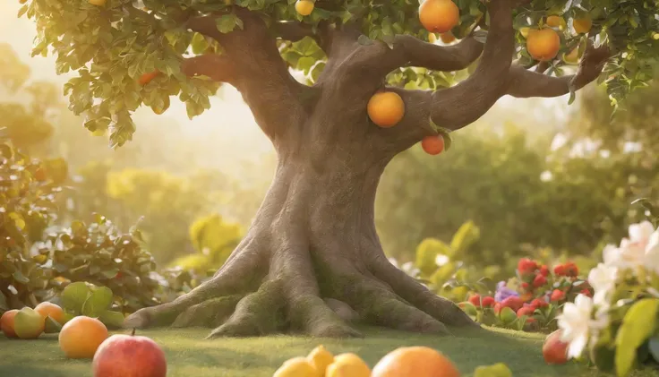 a pixa Disney cartoon cover of biblical times; the tree of life in the middle of a very beautiful garden, very tall tree with golden fruits, full photo with very beautiful fruits,  surrounded by other beautiful tress and flowers, no roads just a tree in th...