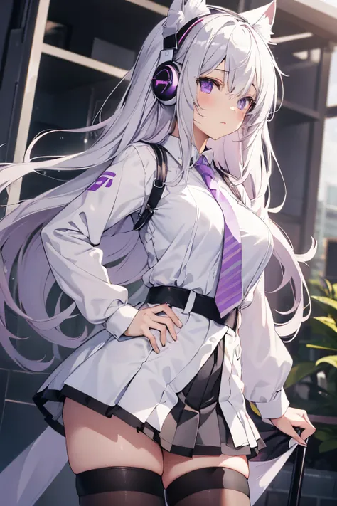 "anime girl, 1 person, silver white hair, light pink purple eyes, wearing cat ear headphones, female shirt, female school uniform, tie, black miniskirt, big breasts, tights, standing cross-legged, side view, (full HD 4K+ image)"