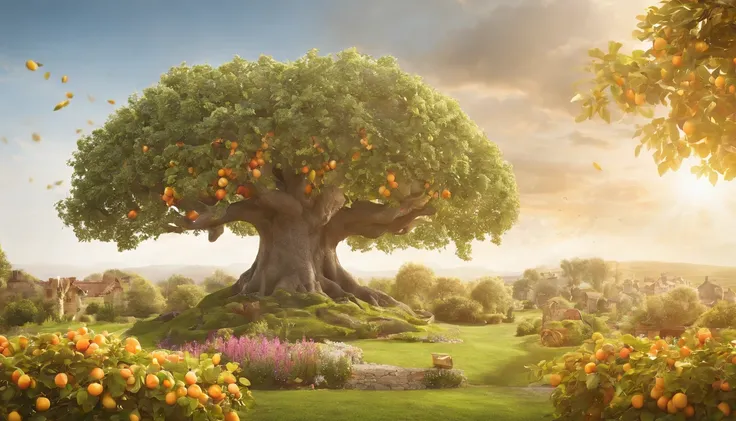 a pixa Disney cartoon cover of biblical times; the tree of life in the middle of a very beautiful garden, with golden fruits, no roads just a tree in the middle, 3D, animation film, animated film still, rendered in corona, epic illumination.