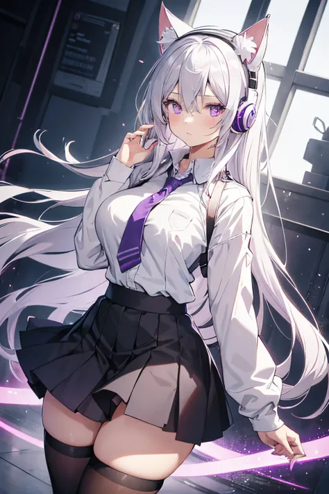 "anime girl, 1 person, silver white hair, light pink purple eyes, wearing cat ear headphones, female shirt, female school uniform, tie, black miniskirt, big breasts, tights, standing cross-legged, side view, (full HD 4K+ image)"